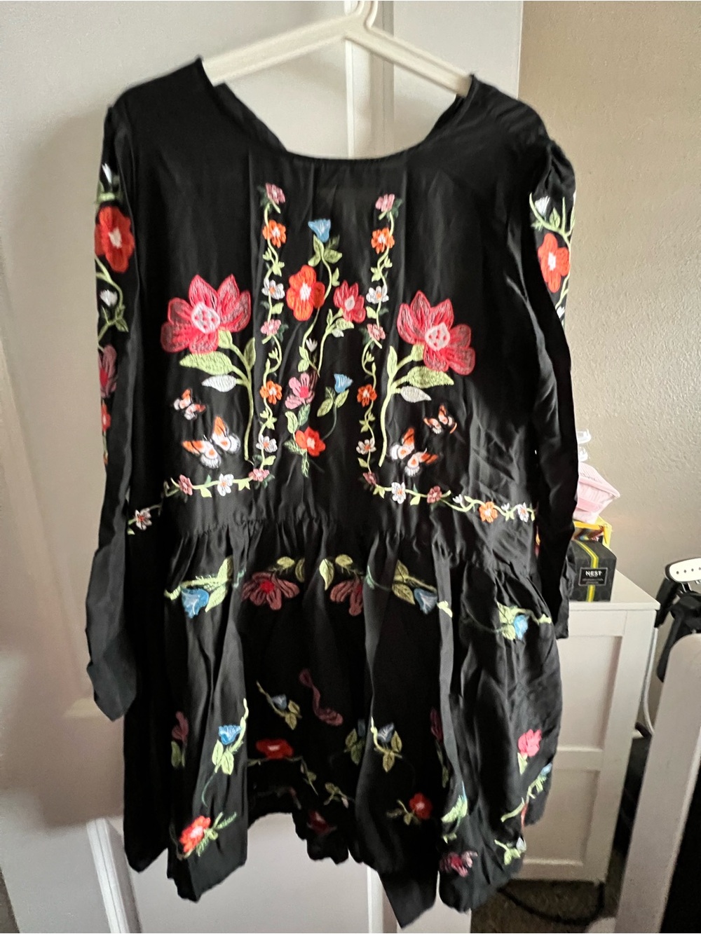 Zara Black Long-Sleeve Dress with Multicolor Floral Embroidery